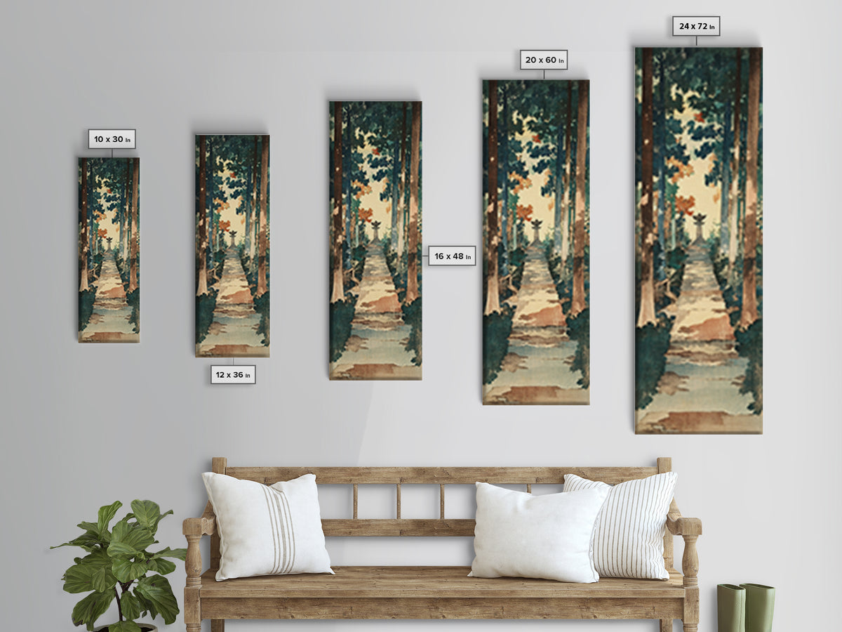 Forest Path Shrine Wall Art, Japanese Garden Canvas Print, Moody Woodland Landscape Decor, Tall Vertical Entryway Wall Art