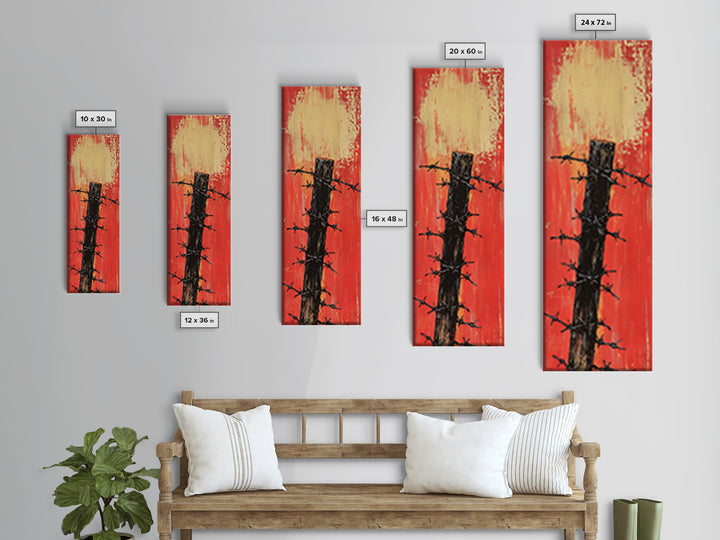Barbed Wire Fence Post Wall Art, Rustic Western Print, Red Distressed Farmhouse Decor For Man Cave Or Modern Entryway Gift