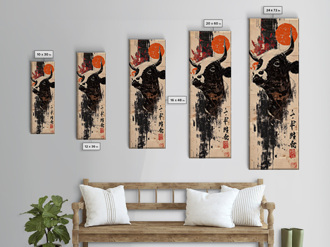 Black Bull Portrait With Red Sun Canvas Print, Japanese Western Wall Art, Rustic Farmhouse Decor, Masculine Office Art Print