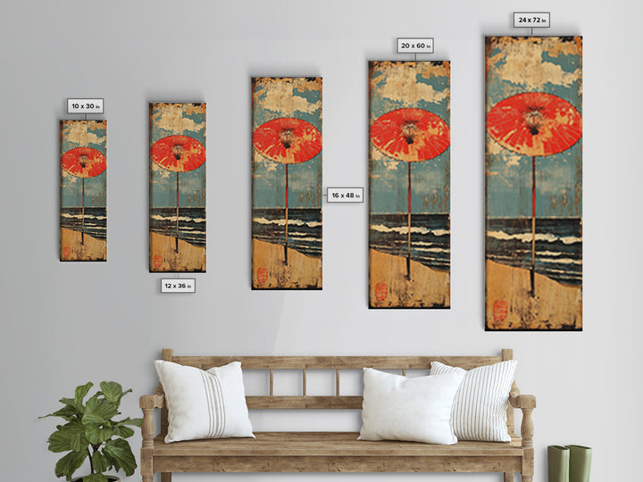 Red Beach Umbrella By Blue Ocean Framed Canvas Print, Coastal Wall Art, Beach House Decor, Summer Seascape Print, Living Room Decor
