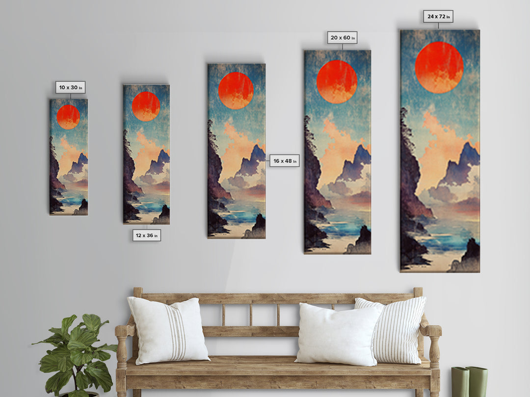 Red Sun Blue Mountain Seascape Wall Art, Japanese Landscape Print, Coastal Asian Decor, Tall Narrow Canvas For Living Room