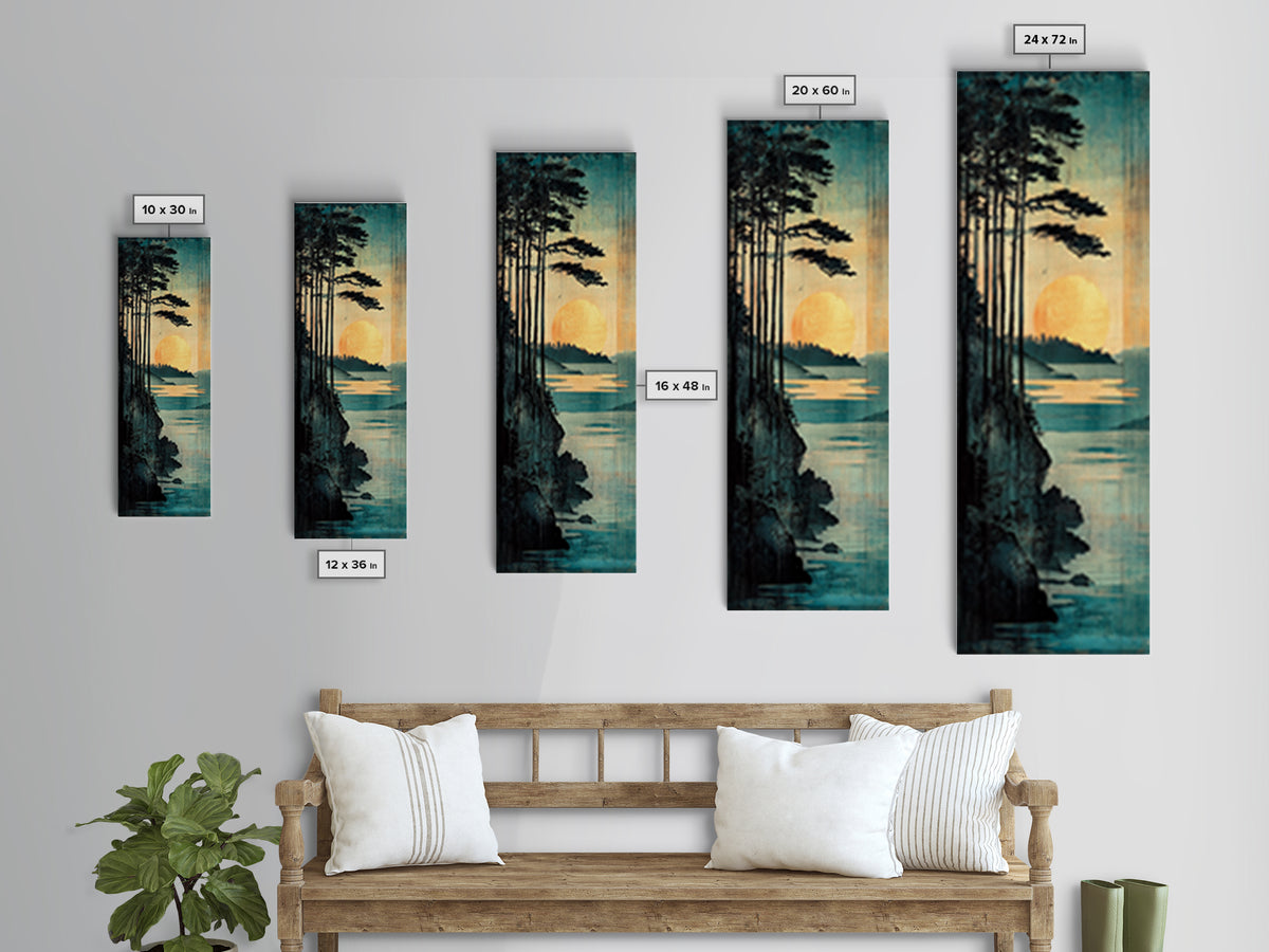 Golden Sun Forest Coast Wall Art, Japanese Landscape Print, Teal Nature Decor, Long Vertical Canvas For Bedroom Or Living Room