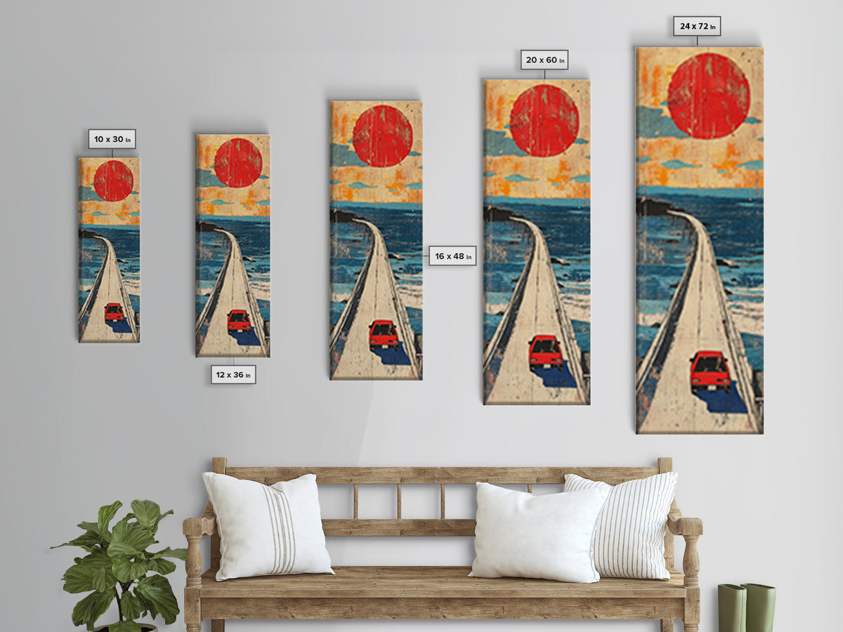 Red Car Ocean Bridge Wall Art, Retro Travel Poster Style, Japanese Coastal Decor, Long Vertical Canvas Print For Entryway