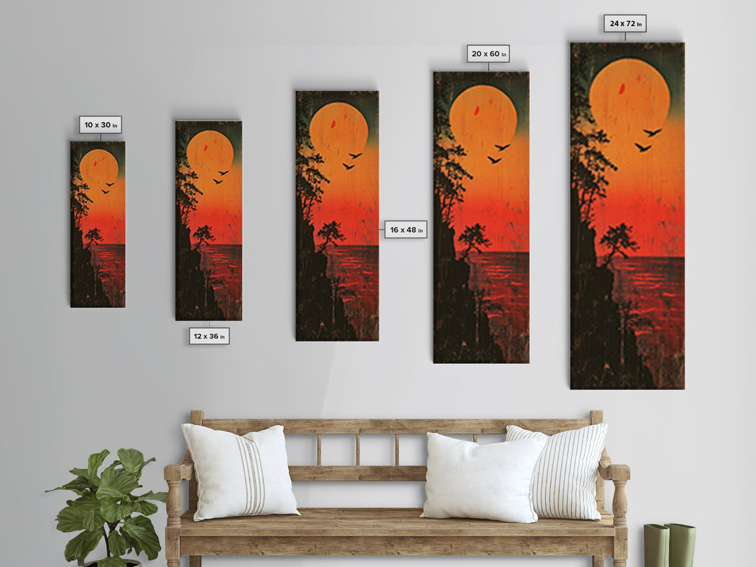Orange Sunset Lake Silhouette Wall Art, Moody Nature Landscape Print, Rustic Cabin Decor, Long Vertical Canvas For Bedroom