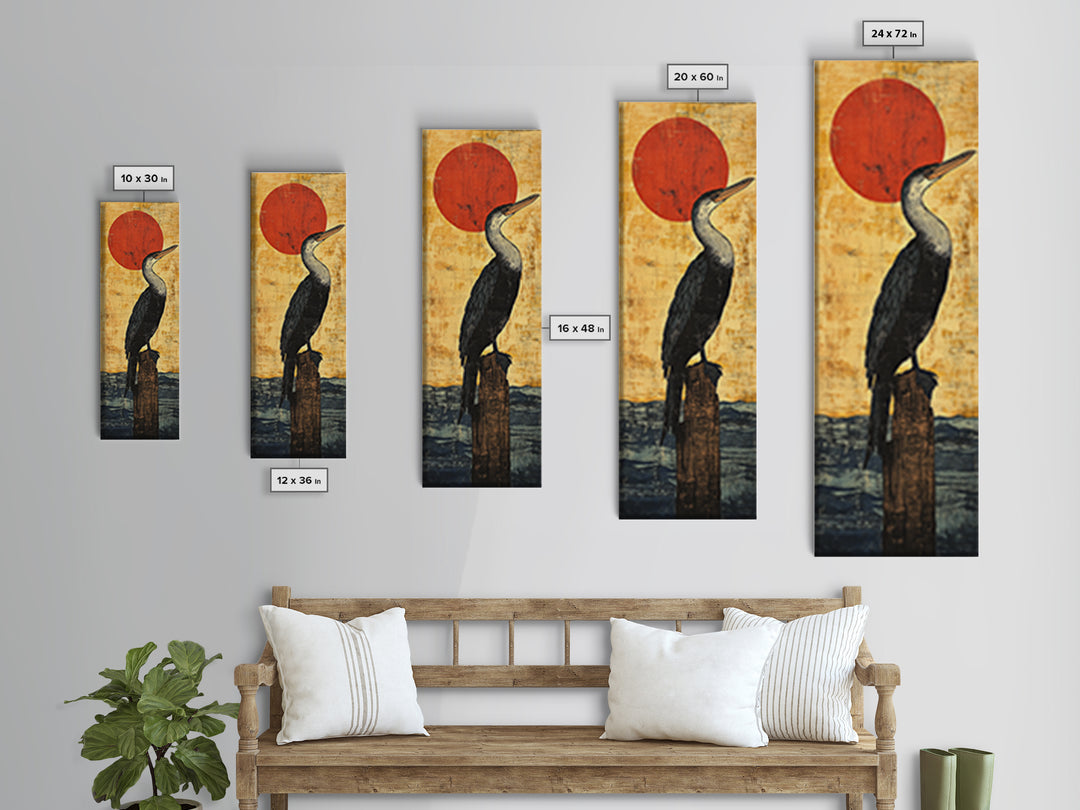 Black Cormorant Bird With Red Sun Wall Art, Japanese Coastal Framed Canvas Print For Nautical Decor And Nature Lovers Gift