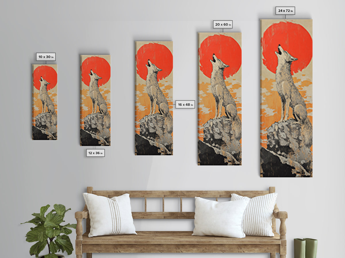 Howling White Wolf With Red Sun Framed Canvas Print, Desert Animal Wall Art, Southwestern Nursery Decor, Wildlife Gift For Him