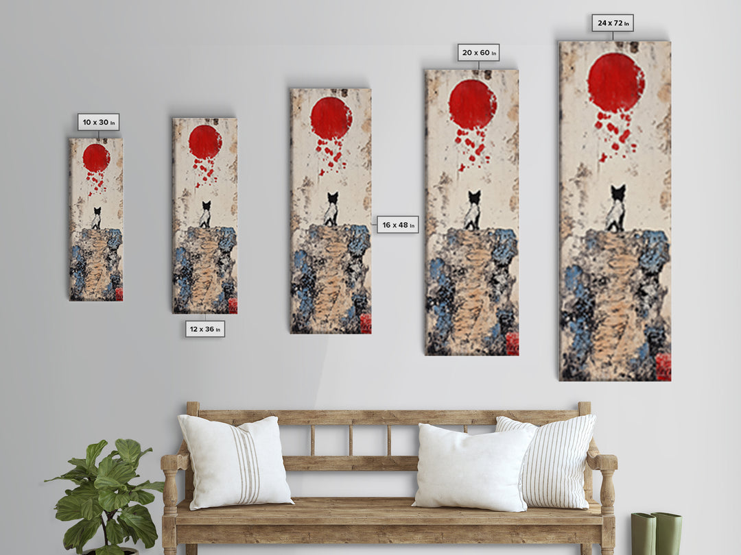 Tiny Black Cat On Cliff With Red Moon Canvas Print, Japanese Wall Art, Whimsical Animal Poster, Nursery Room Decor Unique Gift