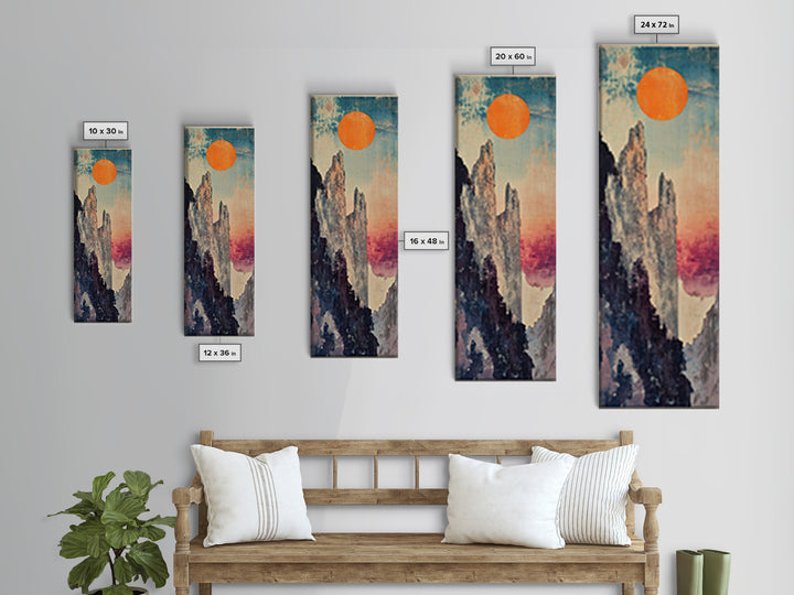 Tall Mountain Spires With Orange Sun Framed Canvas Print, Abstract Landscape Wall Art, Japandi Office Decor, Nature Gift