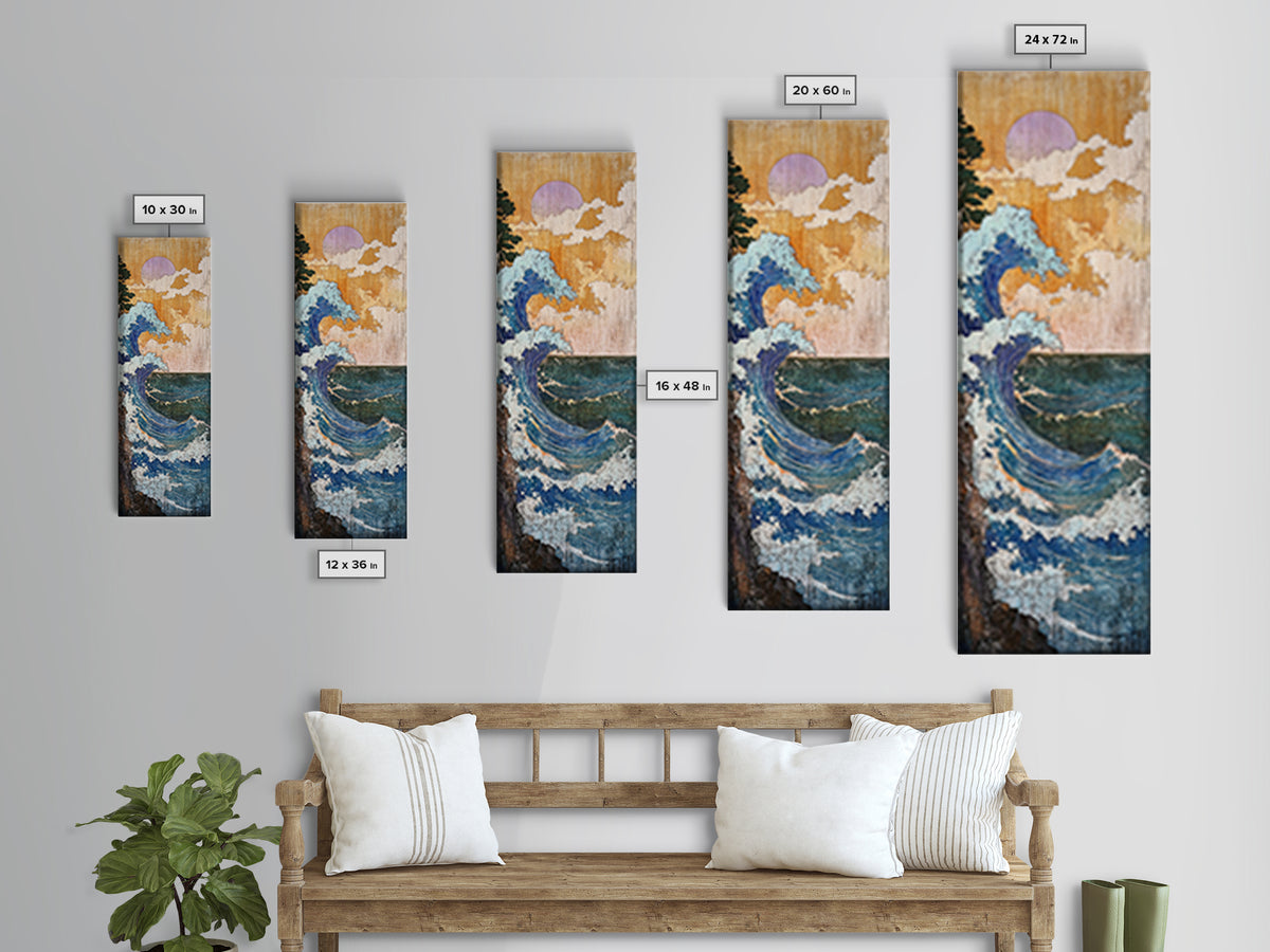 Blue Coastal Wave With Lavender Moon Framed Canvas Print, Ocean Wall Art, Nautical Bathroom Decor, Beach House Gift For Her