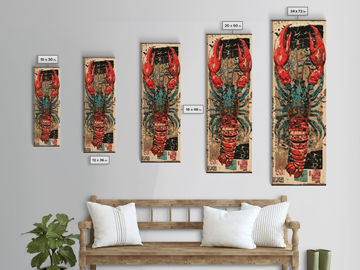 Bold Red And Teal Lobster Framed Canvas Print, Coastal Kitchen Wall Art, Nautical Seafood Decor, Beach House Gift For Foodie