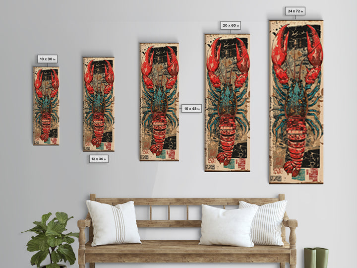 Bold Red And Teal Lobster Framed Canvas Print, Coastal Kitchen Wall Art, Nautical Seafood Decor, Beach House Gift For Foodie