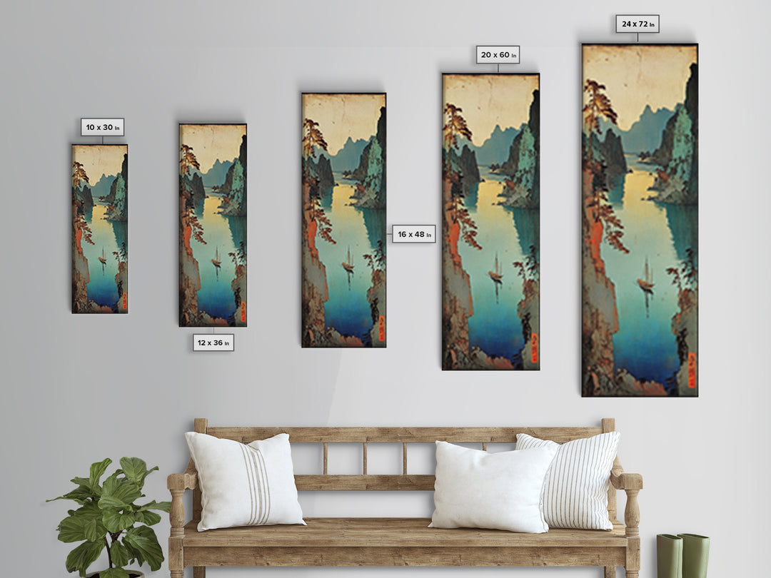 Misty Japanese River Gorge With Boats And Teal Cliffs Framed Canvas Print, Asian Landscape Art, Japandi Wall Decor, Zen Decor