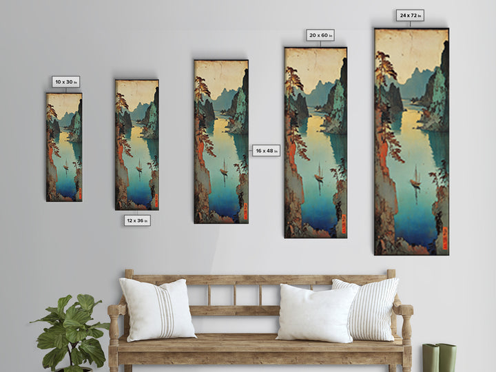 Misty Japanese River Gorge With Boats And Teal Cliffs Framed Canvas Print, Asian Landscape Art, Japandi Wall Decor, Zen Decor