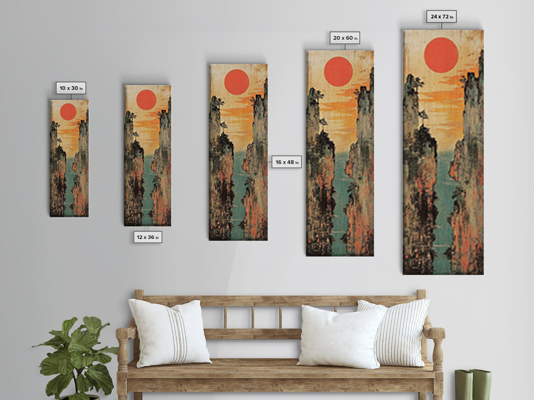 Red Sun Canyon Seascape Between Weathered Cliffs Canvas Print, Japanese Wall Art, Coastal Decor, Modern Landscape, Art Print