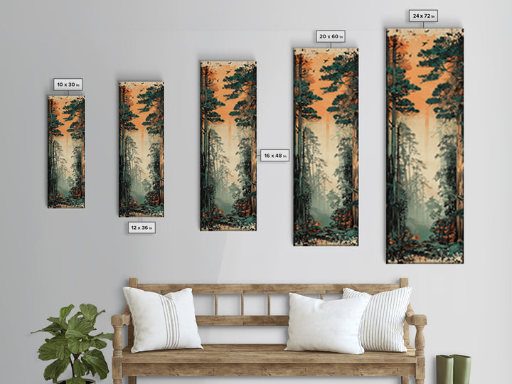 Tall Misty Pine Forest At Orange Dawn Wall Art, Nature Landscape Print, Japandi Decor, Calming Living Room Wall Decor, Home Decor