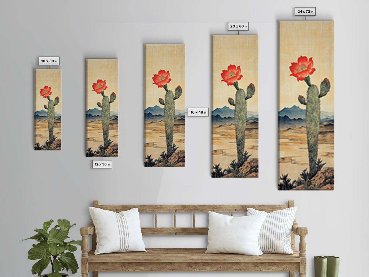 Blooming Cactus With Red Flower In Desert Landscape Framed Canvas Print, Southwestern Wall Art, Rustic Home Decor, Desert Decor
