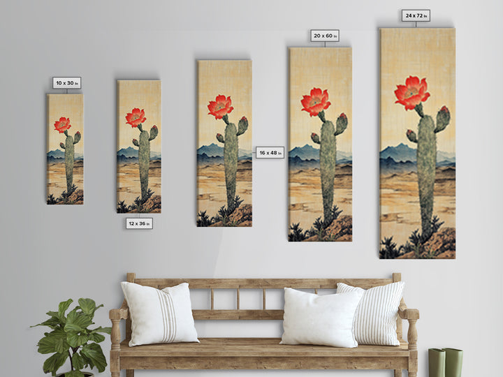 Blooming Cactus With Red Flower In Desert Landscape Framed Canvas Print, Southwestern Wall Art, Rustic Home Decor, Desert Decor