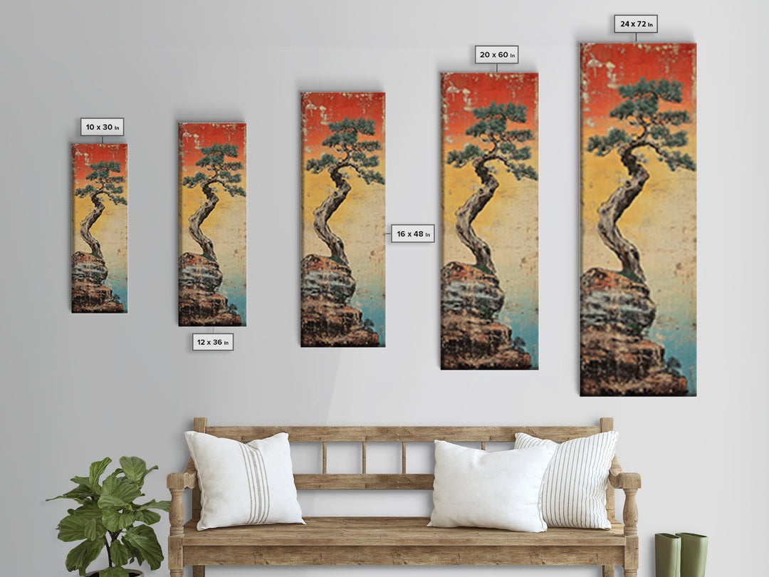 Weathered Bonsai Pine On Rocky Cliff With Red Sky Canvas Print, Japanese Wall Art, Wabi Sabi Decor, Zen Home Decor, Nature Art