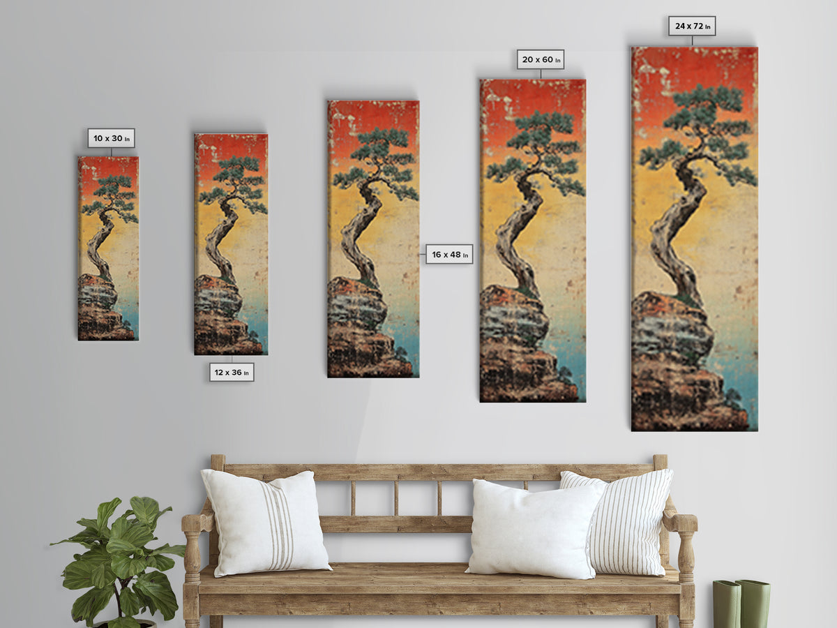 Weathered Bonsai Pine On Rocky Cliff With Red Sky Canvas Print, Japanese Wall Art, Wabi Sabi Decor, Zen Home Decor, Nature Art