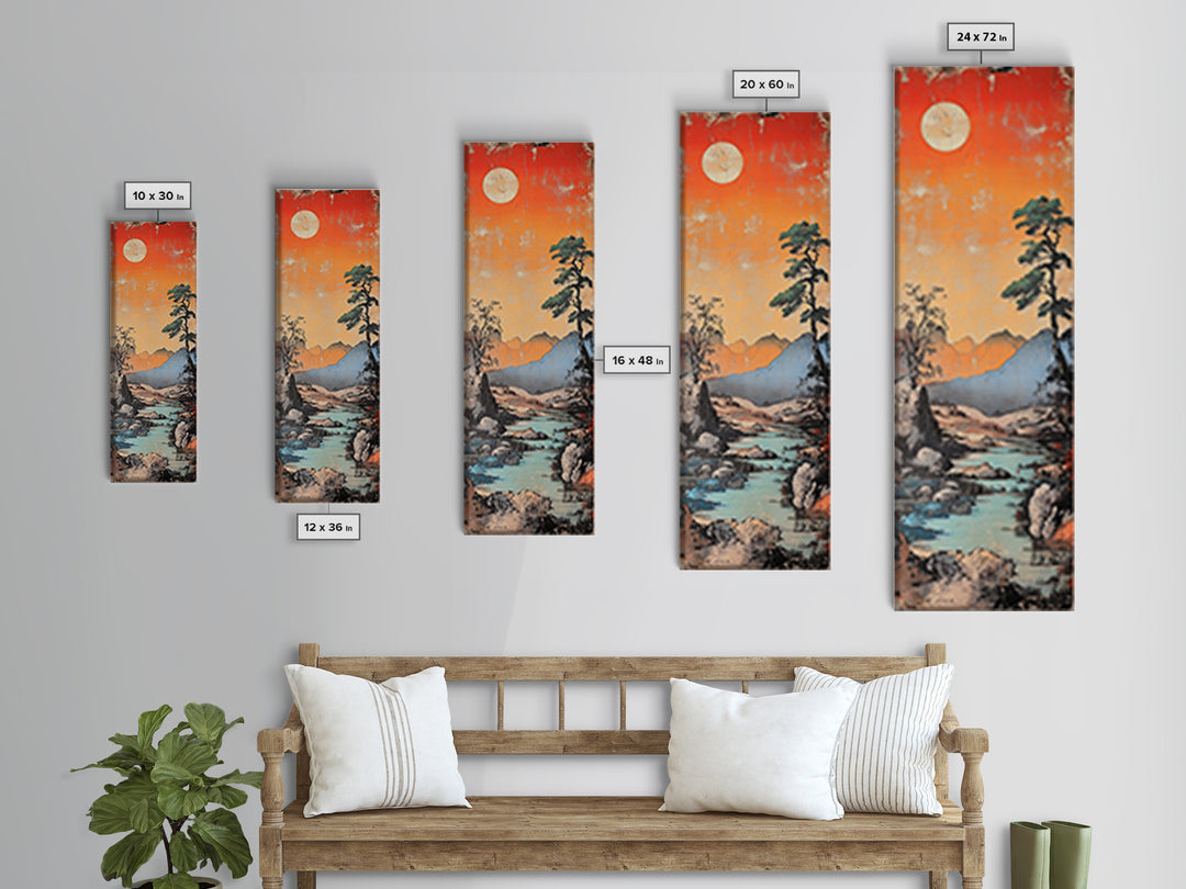 Moonlit Mountain River At Coral Sunset With Lone Pine Wall Art, Japanese Landscape Art, Rustic Decor, Nature Wall Decor Print