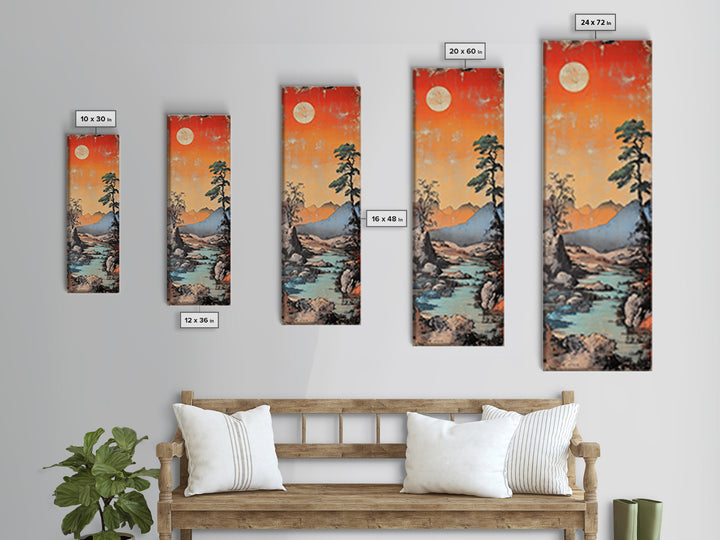 Moonlit Mountain River At Coral Sunset With Lone Pine Wall Art, Japanese Landscape Art, Rustic Decor, Nature Wall Decor Print