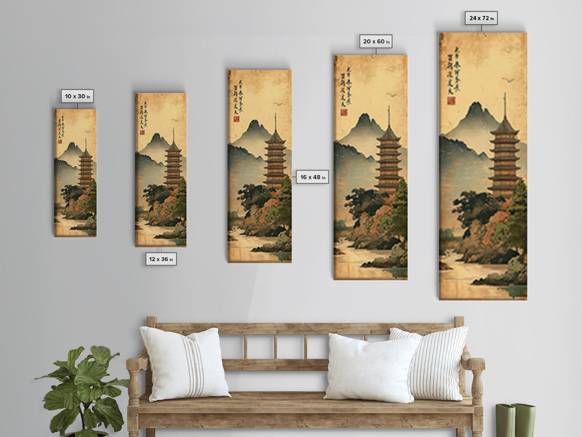 Japanese Pagoda Beside Misty Mountain Lake Framed Canvas Print, Asian Wall Art, Zen Decor, Traditional Home Decor, Japandi Art