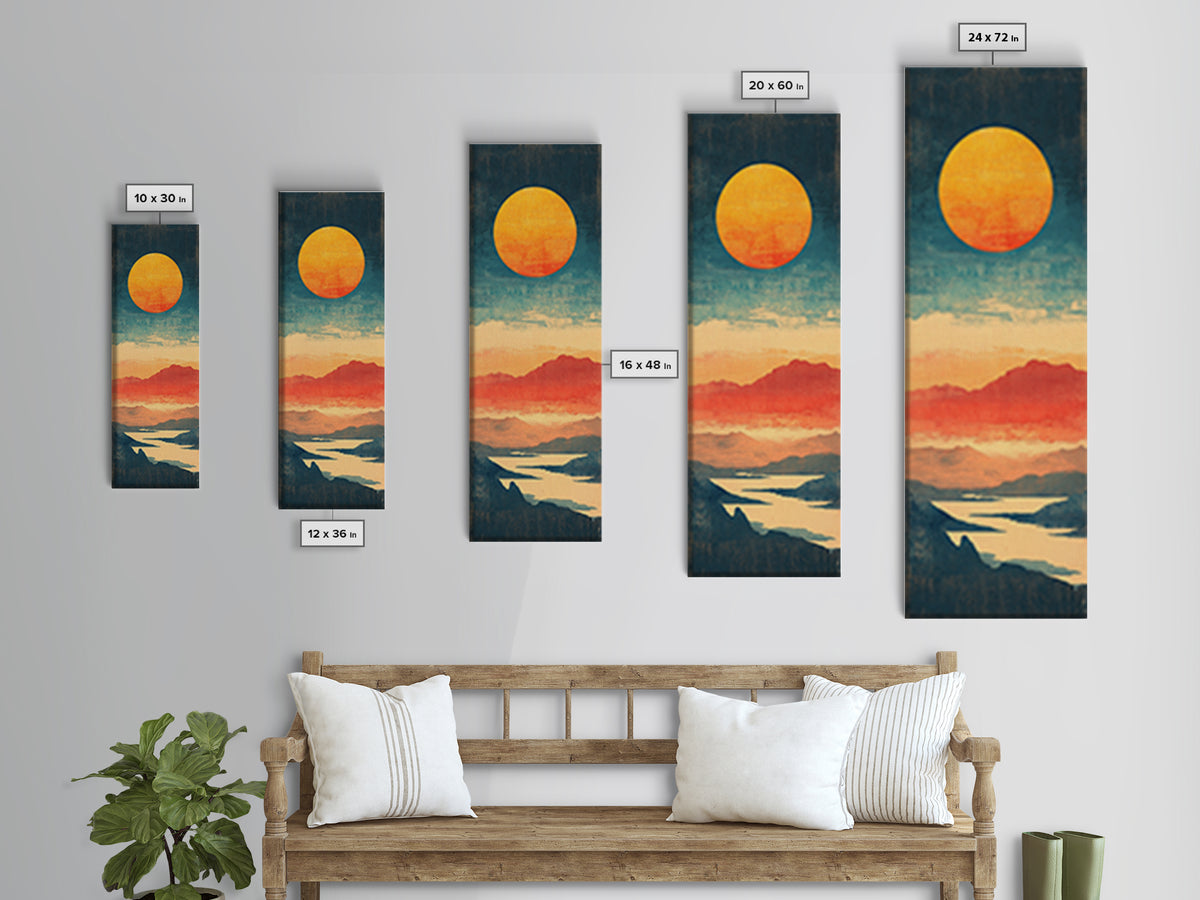Golden Sun Over Coral Mountains And Reflective Lake Canvas Print, Abstract Landscape, Modern Wall Art, Coastal Decor, Home Decor