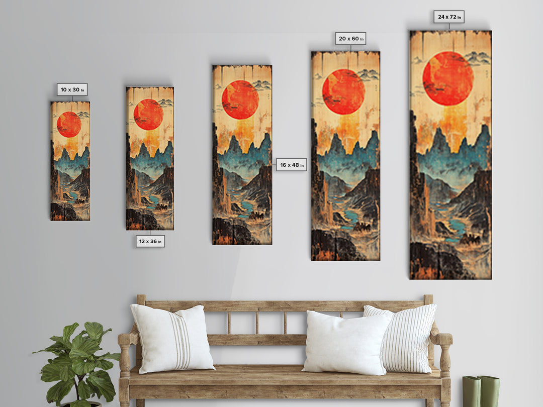 Red Sun Over Blue Mountain Valley And Winding River Wall Art, Japanese Landscape Print, Asian Decor, Statement Artwork, Home Decor