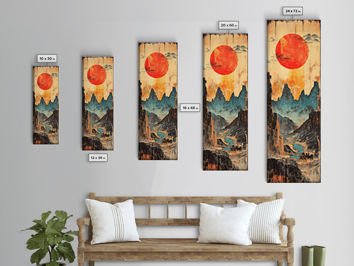 Red Sun Over Blue Mountain Valley And Winding River Wall Art, Japanese Landscape Print, Asian Decor, Statement Artwork, Home Decor