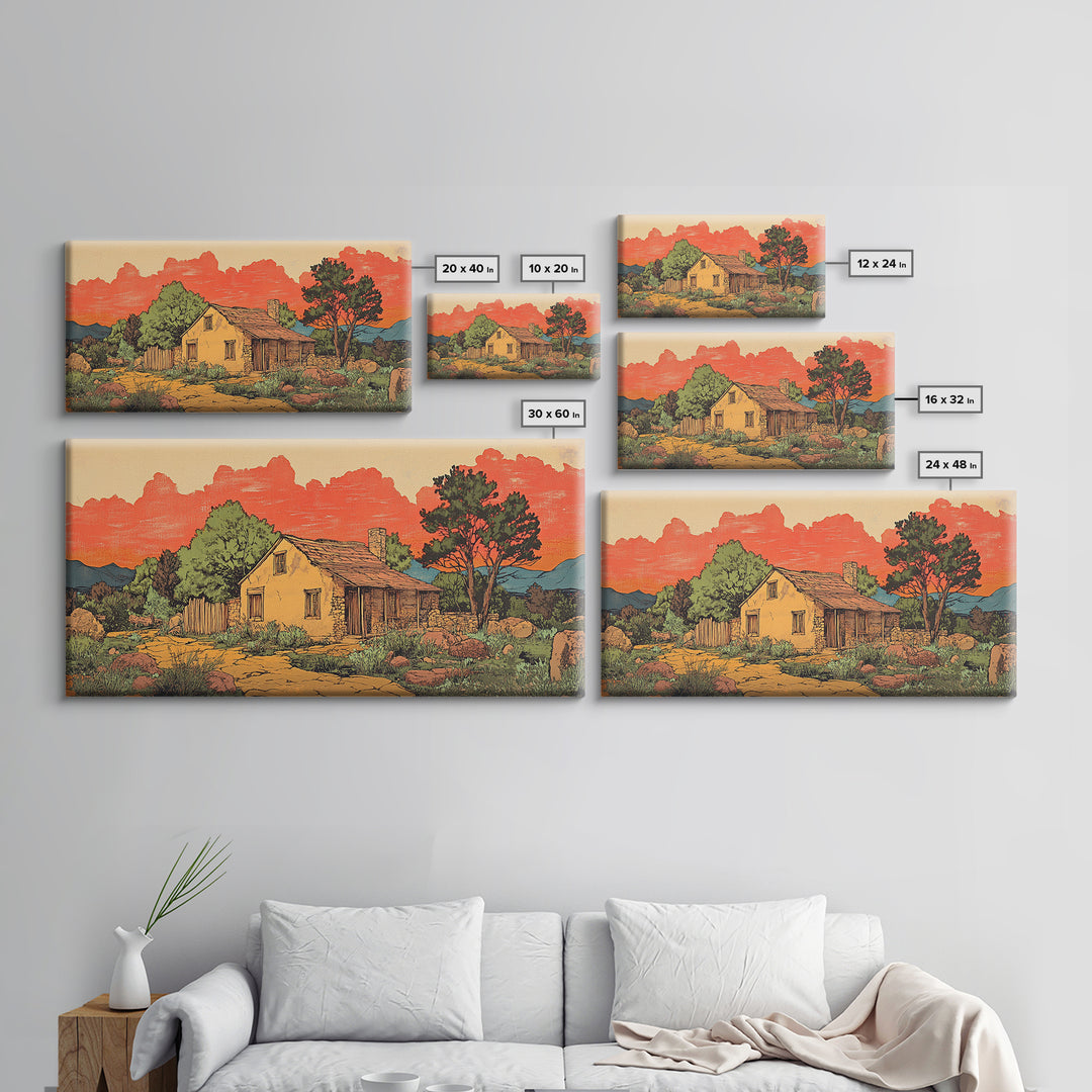 Adobe Desert Cabin At Red Sunset Wall Art, Rustic Southwestern Landscape Print, Western Home Decor, Large Canvas Wall Art