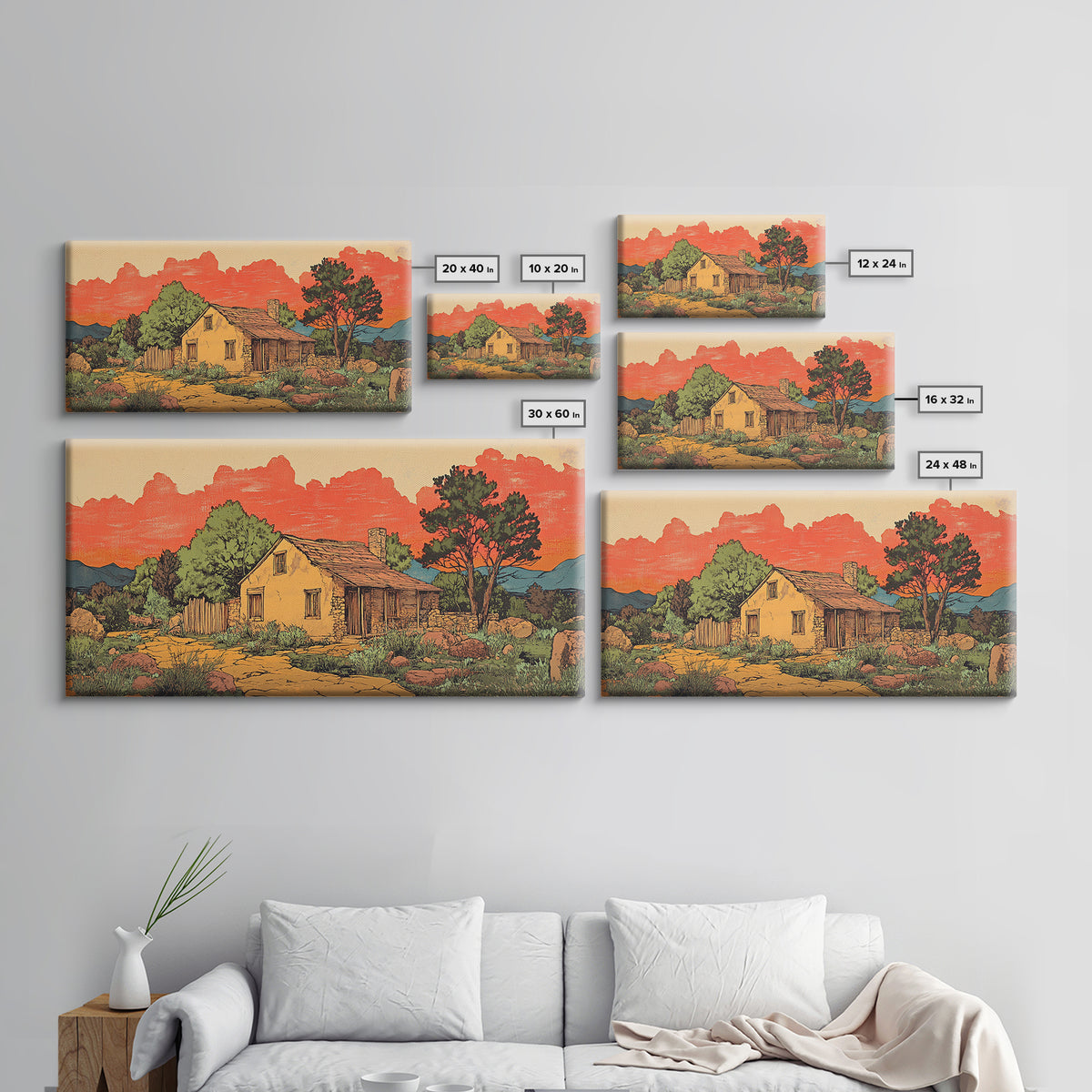 Adobe Desert Cabin At Red Sunset Wall Art, Rustic Southwestern Landscape Print, Western Home Decor, Large Canvas Wall Art