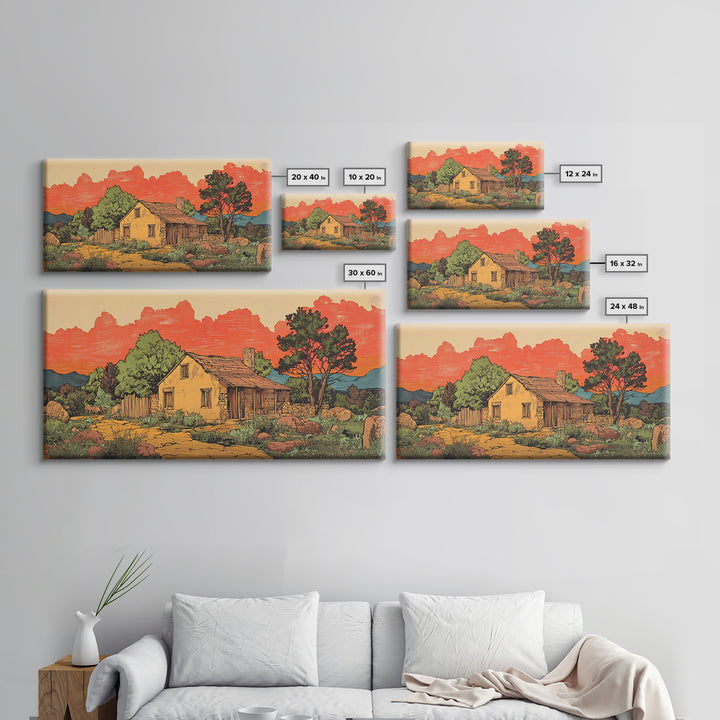 Adobe Desert Cabin At Red Sunset Wall Art, Rustic Southwestern Landscape Print, Western Home Decor, Large Canvas Wall Art