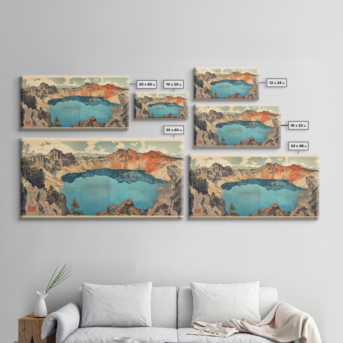 Turquoise Crater Lake And Rugged Mountain Wall Art, Japanese Landscape Print, Panoramic Canvas Art, Nature Home Decor, Large Wall Decor