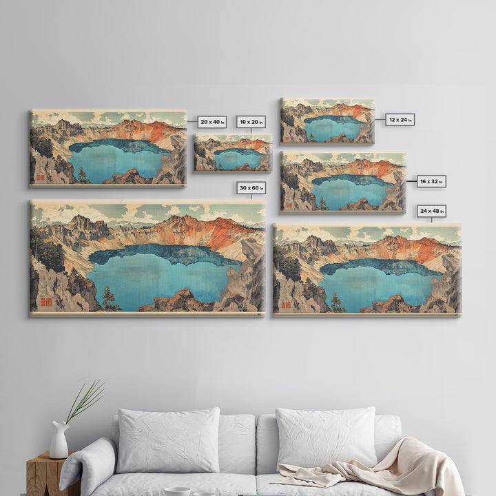 Turquoise Crater Lake And Rugged Mountain Wall Art, Japanese Landscape Print, Panoramic Canvas Art, Nature Home Decor, Large Wall Decor