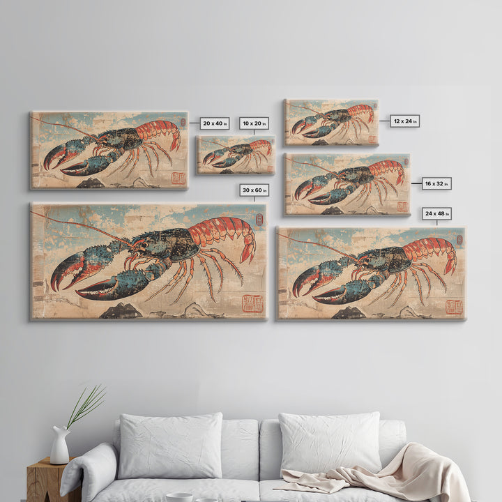 Blue And Coral Lobster With Large Claws Canvas Print, Coastal Kitchen Wall Art, Seafood Art Print, Nautical Home Decor, Beach House Decor
