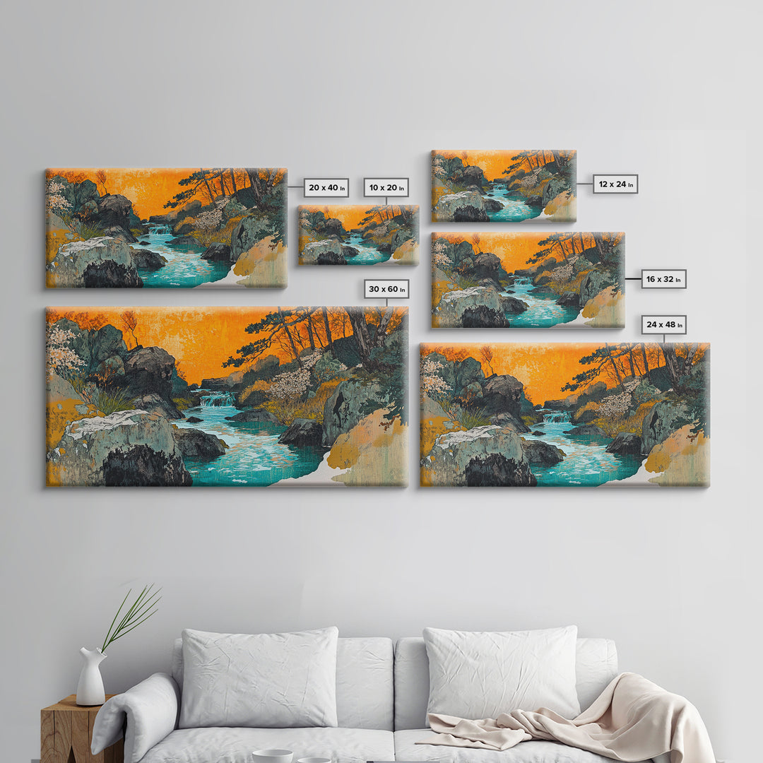 Turquoise River Through Rocky Forest Canyon Wall Art, Japanese Landscape Print, Orange Sunset Decor, Nature Canvas Art, Living Room Decor