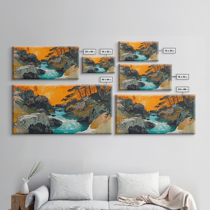 Turquoise River Through Rocky Forest Canyon Wall Art, Japanese Landscape Print, Orange Sunset Decor, Nature Canvas Art, Living Room Decor