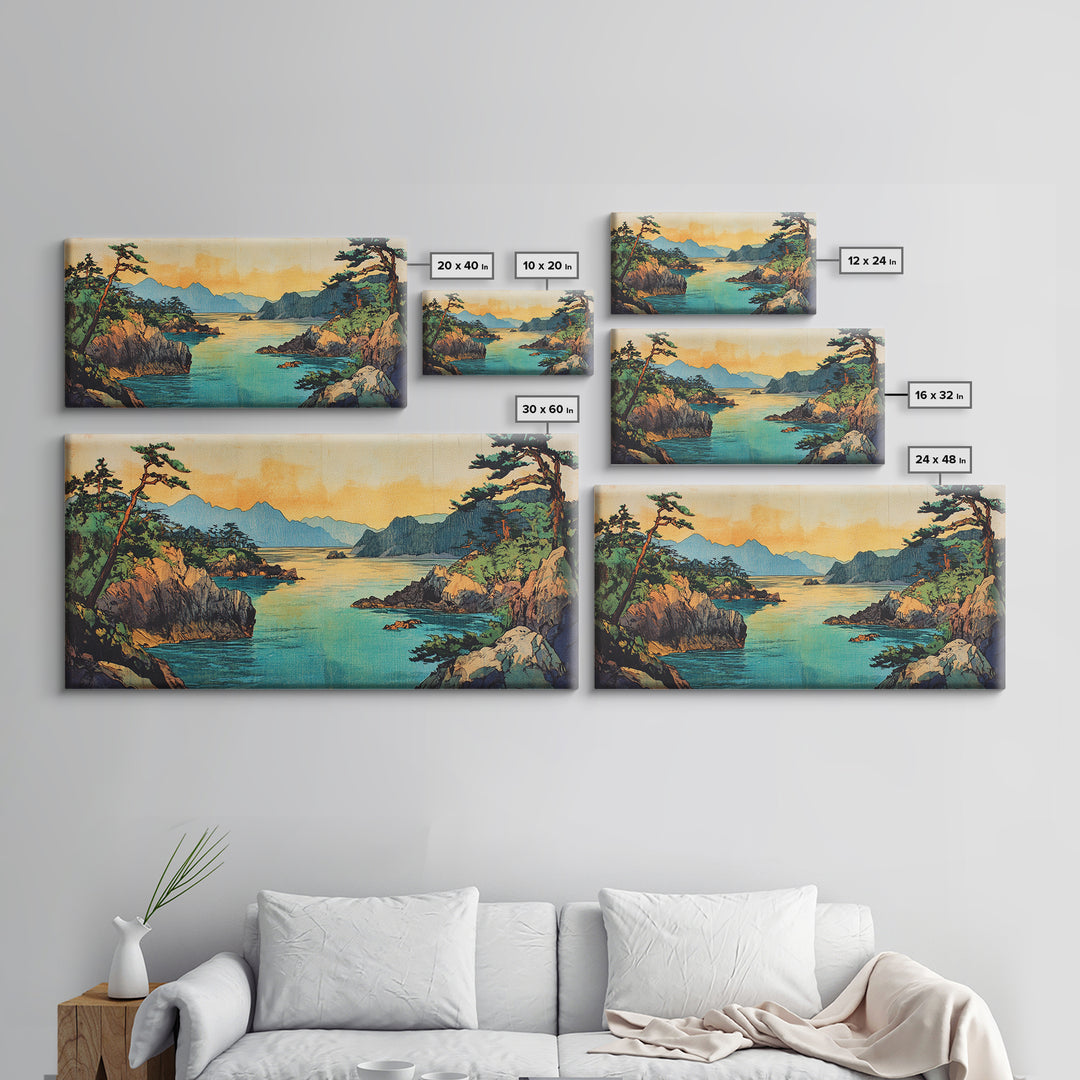 Pine Coastline With Blue Bay And Distant Mountains Wall Art, Japanese Seascape Print, Coastal Home Decor, Large Canvas Art