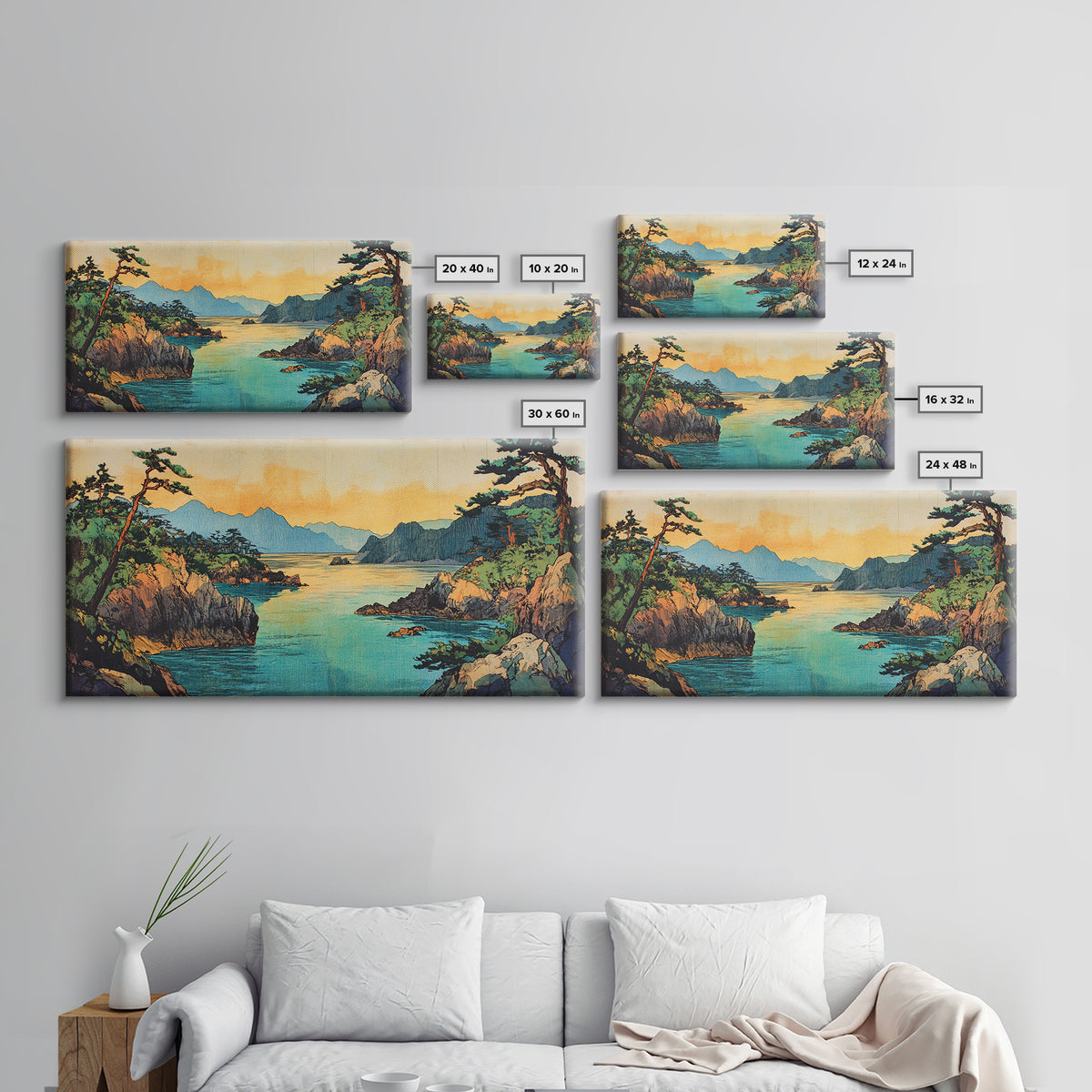 Pine Coastline With Blue Bay And Distant Mountains Wall Art, Japanese Seascape Print, Coastal Home Decor, Large Canvas Art