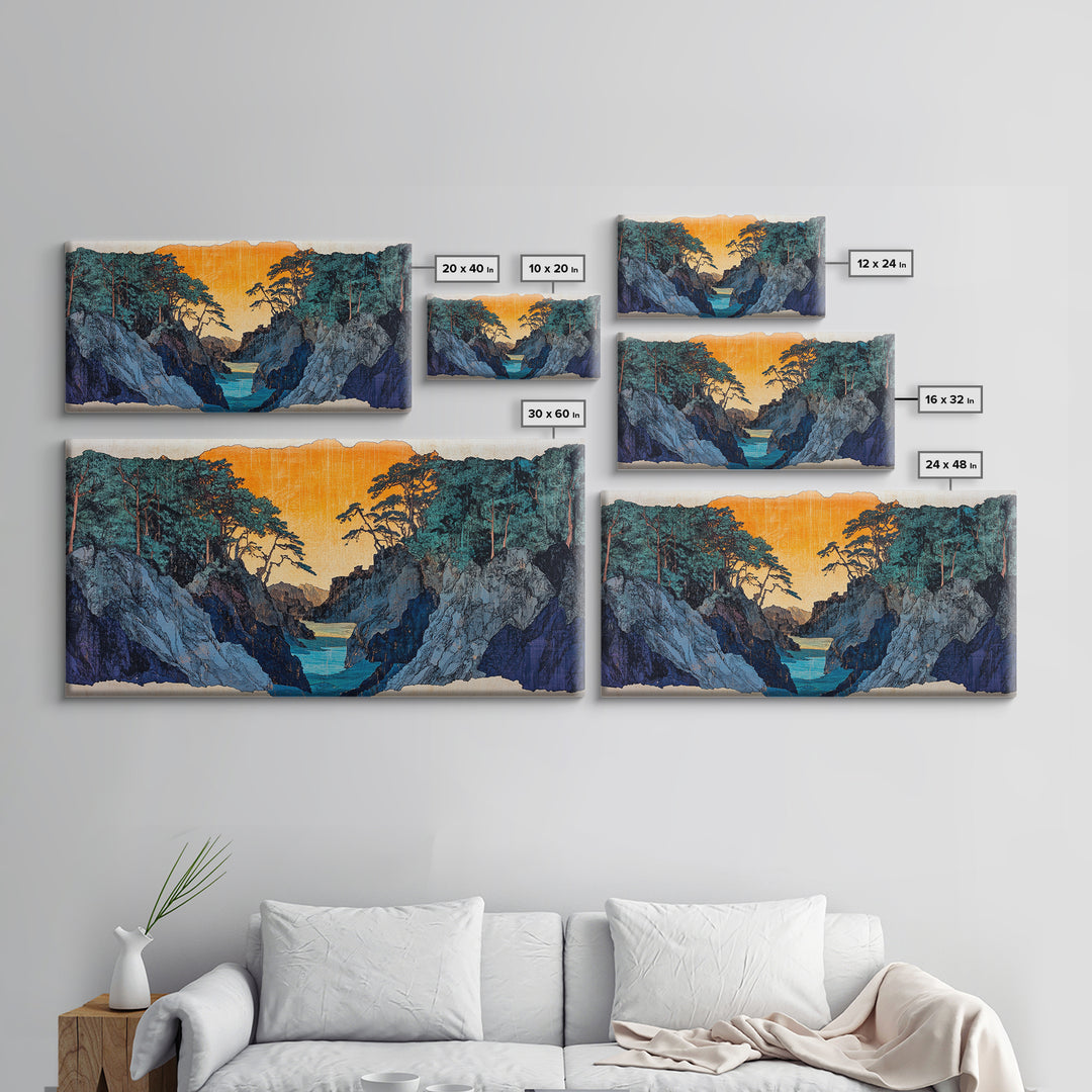 Rocky Blue Canyon River At Orange Sunset Wall Art, Japanese Landscape Print, Moody Nature Decor, Panoramic Canvas Art, Living Room Art