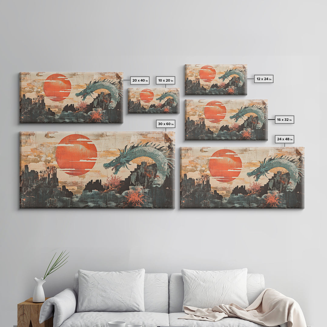 Teal Dragon Over Red Sun Mountains Framed Canvas Print, Asian Fantasy Wall Art, Japanese Decor, Dramatic Living Room Art