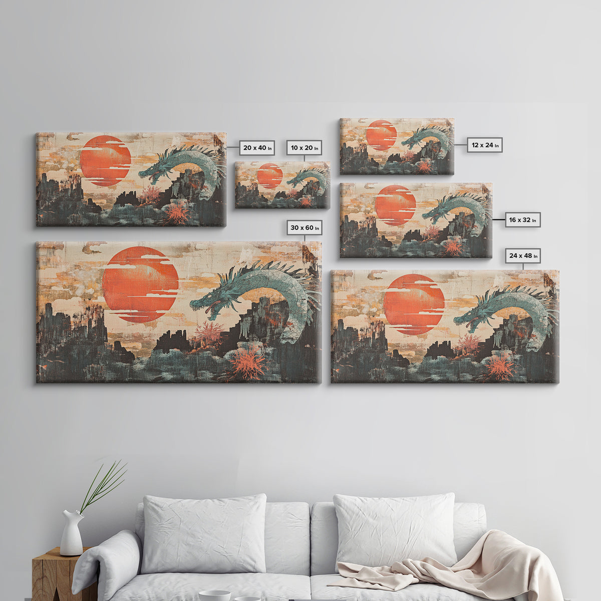 Teal Dragon Over Red Sun Mountains Framed Canvas Print, Asian Fantasy Wall Art, Japanese Decor, Dramatic Living Room Art