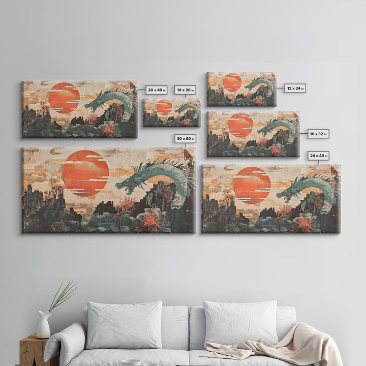 Teal Dragon Over Red Sun Mountains Framed Canvas Print, Asian Fantasy Wall Art, Japanese Decor, Dramatic Living Room Art