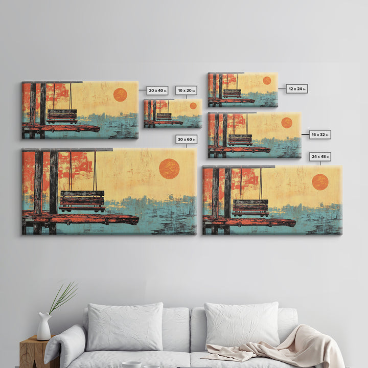 Japanese Dock Swing At Sunset Framed Canvas Print, Serene Ocean Wall Art, Coastal Home Decor, Zen Living Room Print, Bedroom Decor