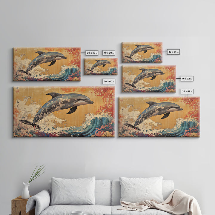 Dolphin Leaping Over Ukiyo E Wave Canvas Print, Japanese Ocean Wall Art, Coastal Nursery Decor, Sea Life Home Decor, Gift For Her