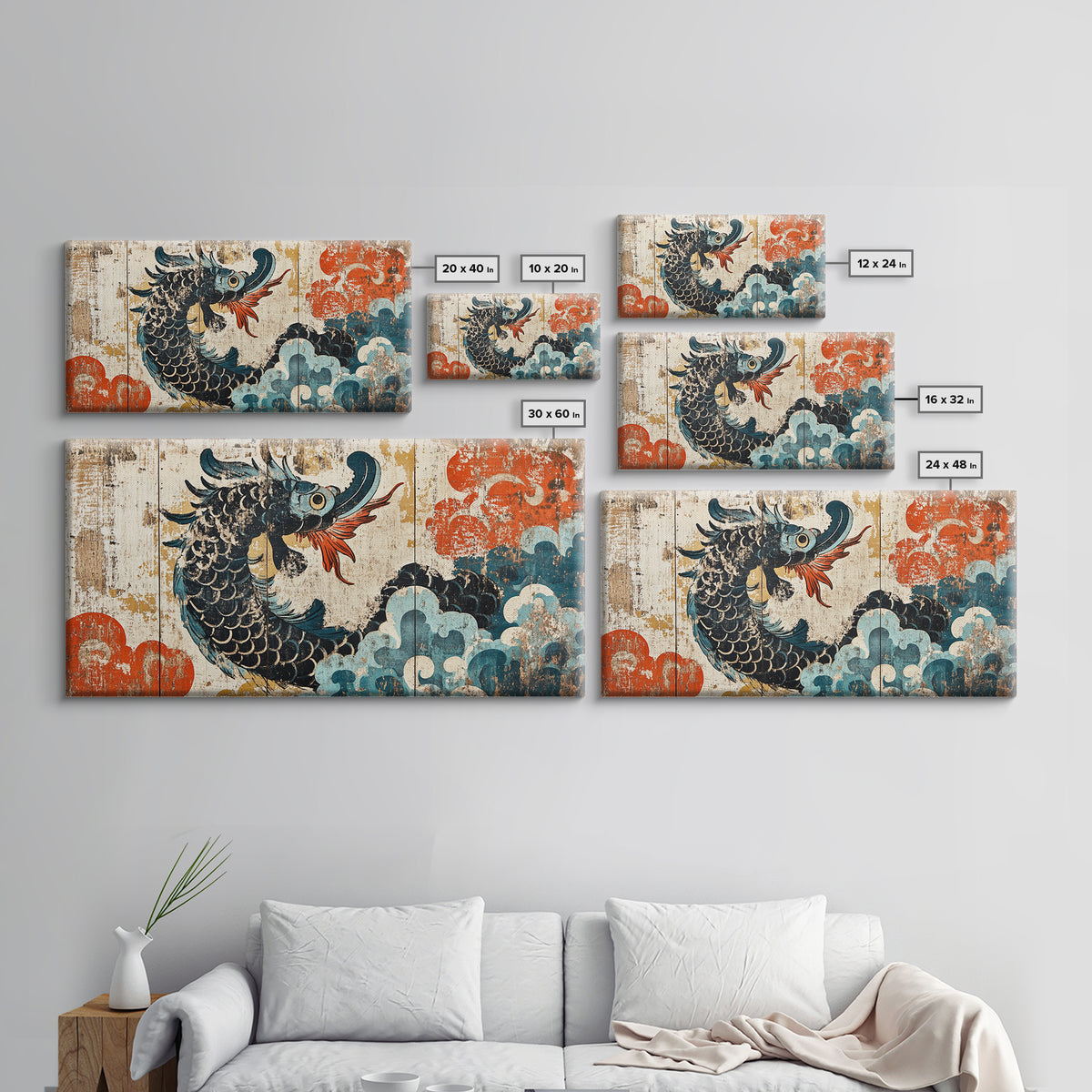 Ukiyo E Sea Dragon With Clouds Framed Canvas Print, Japanese Wall Art, Fantasy Decor, Asian Inspired Living Room Art, Statement Artwork
