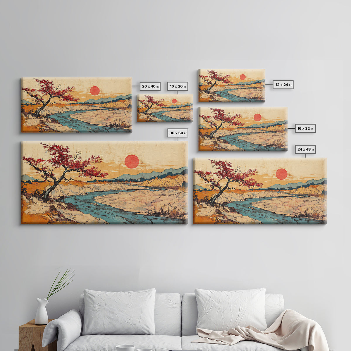 Cherry Tree Desert River Sunset Framed Canvas Print, Japanese Landscape Wall Art, Mountain Wall Decor, Rustic Home Decor