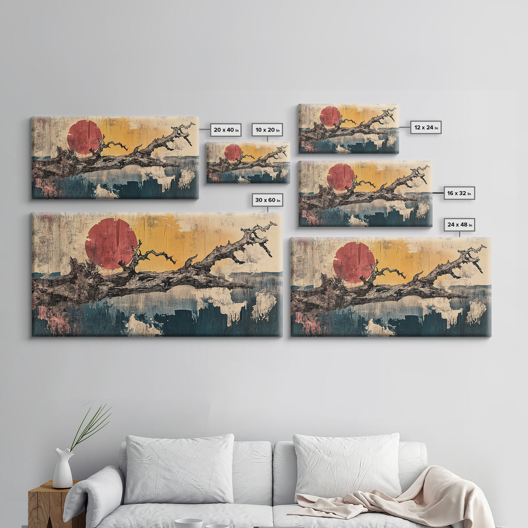 Bare Branch Red Sun Abstract Canvas Print, Japanese Landscape Wall Art, Wabi Sabi Decor, Minimalist Living Room Art, Zen Home Decor