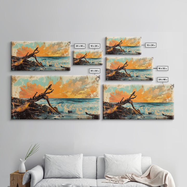 Driftwood Ocean Sunset Seascape Framed Canvas Print, Coastal Wall Art, Beach House Decor, Nautical Living Room Decor, Gift For Her