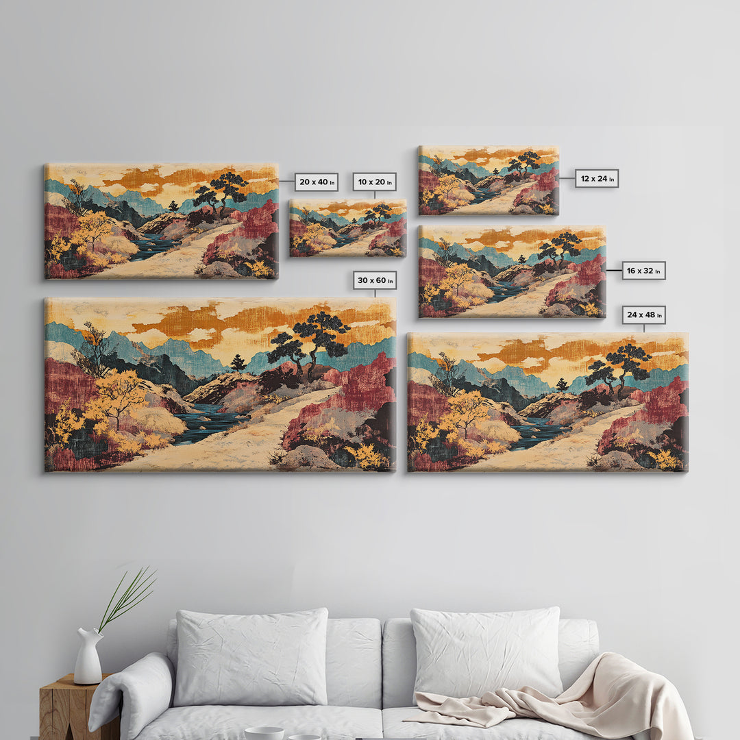 Colorful Canyon River Mountains Framed Canvas Print, Southwest Landscape Wall Art, Rustic Desert Decor, Large Wall Art Print